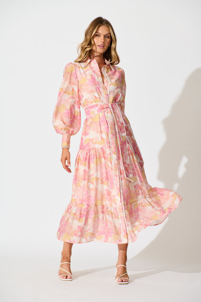 Alaina Maxi Shirt Dress in Pink Floral With White Lace Trim full length