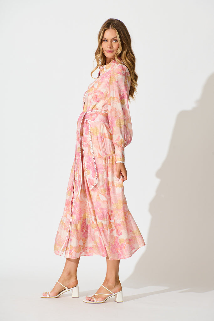 Alaina Maxi Shirt Dress in Pink Floral With White Lace Trim side