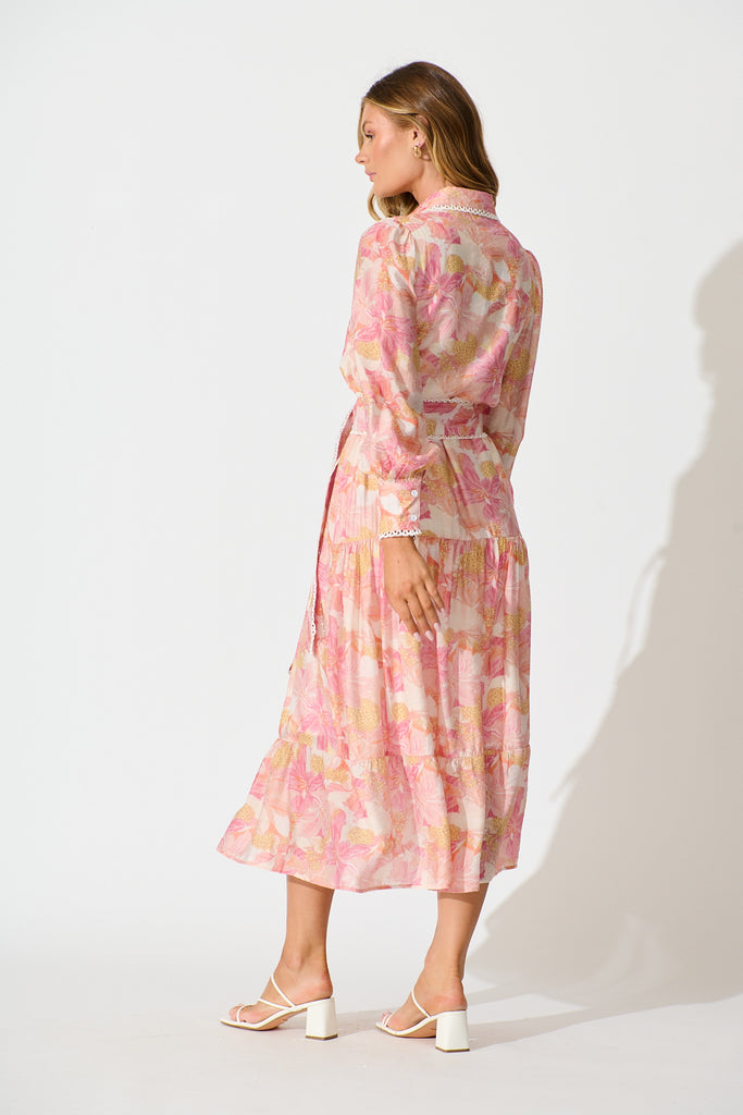 Alaina Maxi Shirt Dress in Pink Floral With White Lace Trim back