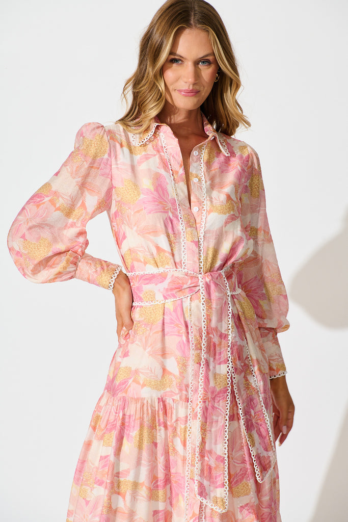 Alaina Maxi Shirt Dress in Pink Floral With White Lace Trim front