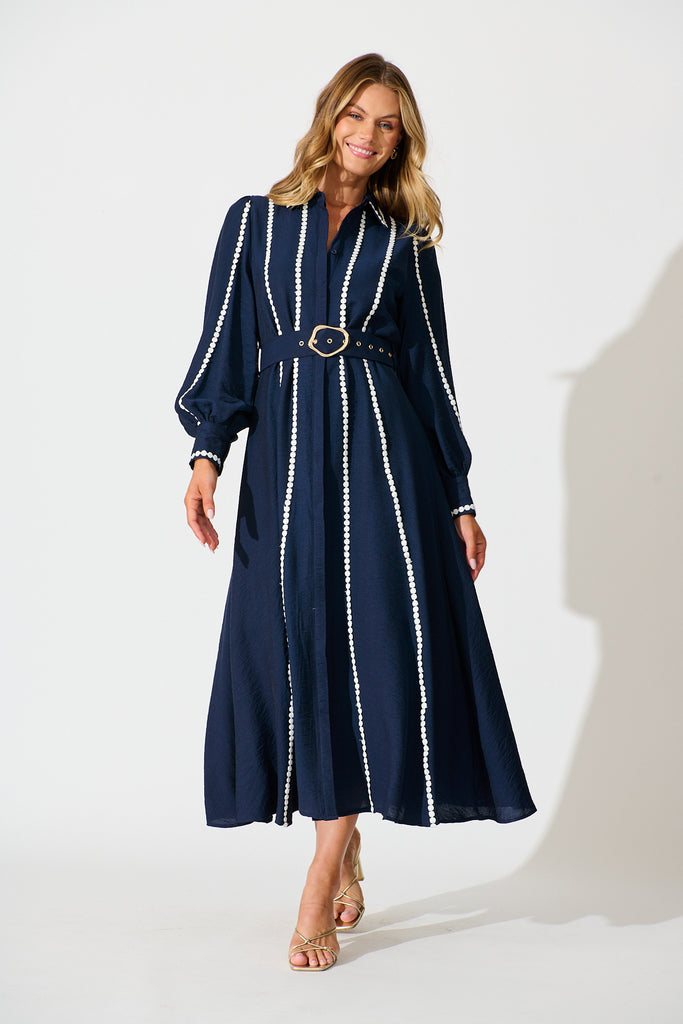 Lovingly Maxi Shirt Dress in Navy full length