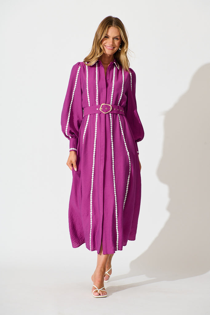 Lovingly Maxi Shirt Dress in Plum full length