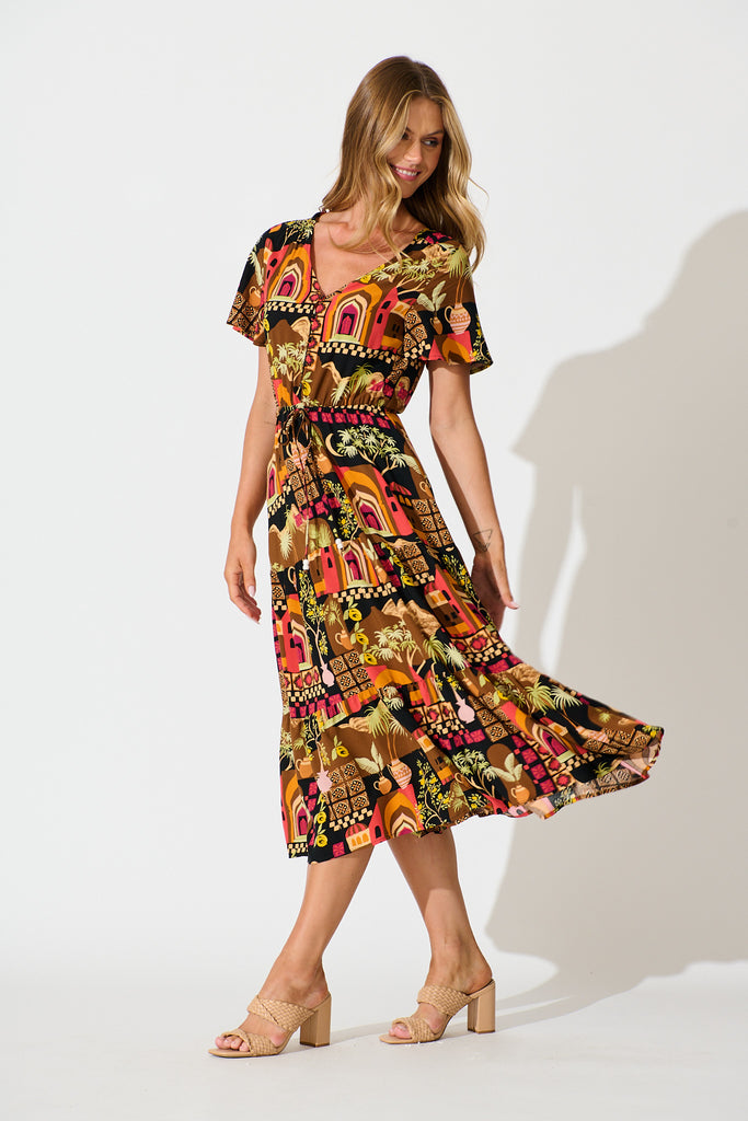 Laconia Midi Dress In Black Multi Print side