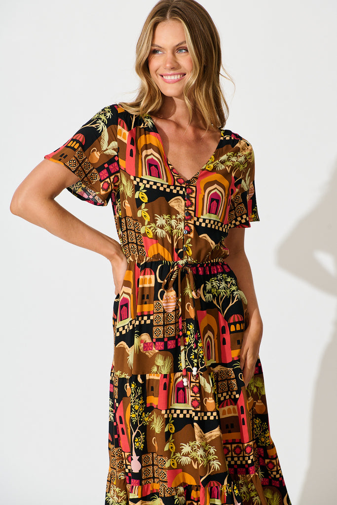 Laconia Midi Dress In Black Multi Print front