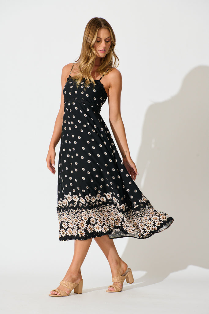 Treviso Maxi Sundress in Black with Daisy and Ric Rac Trim side