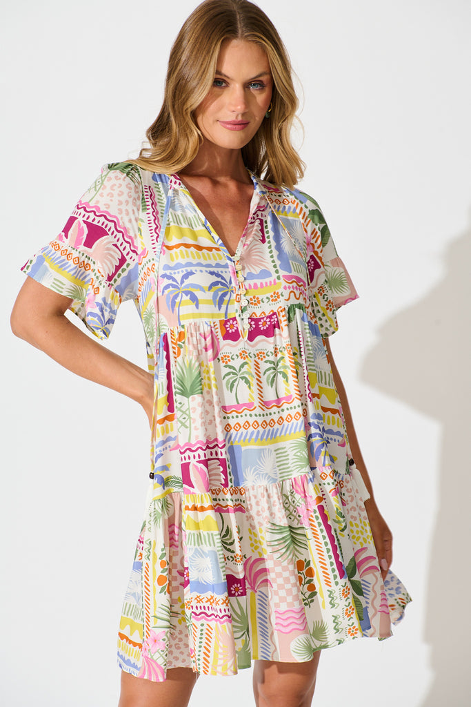 Northcote Smock Dress in Multi Patchwork Print front