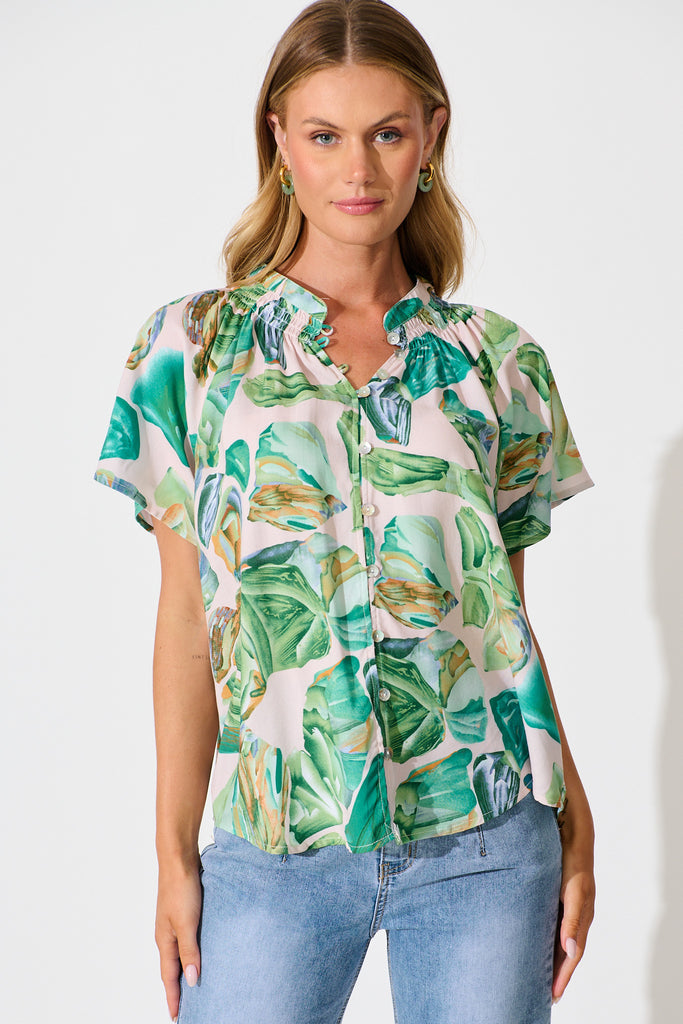 Lombard Top in Multi Green Leaf Print front