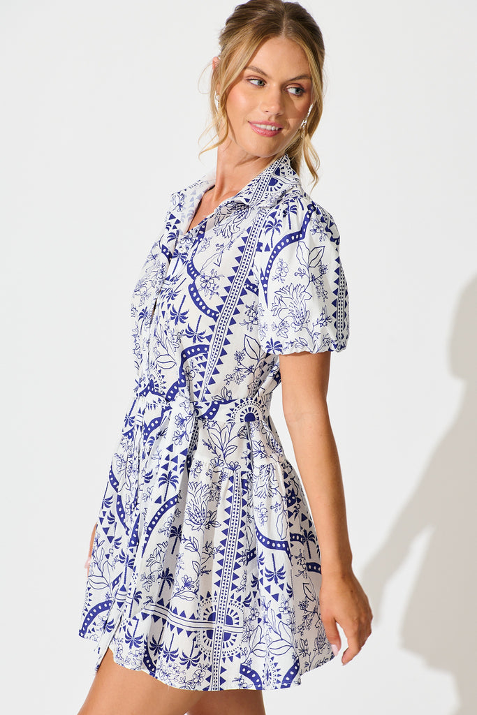 Eloise Shirt Dress in White and Blue Cotton Linen side