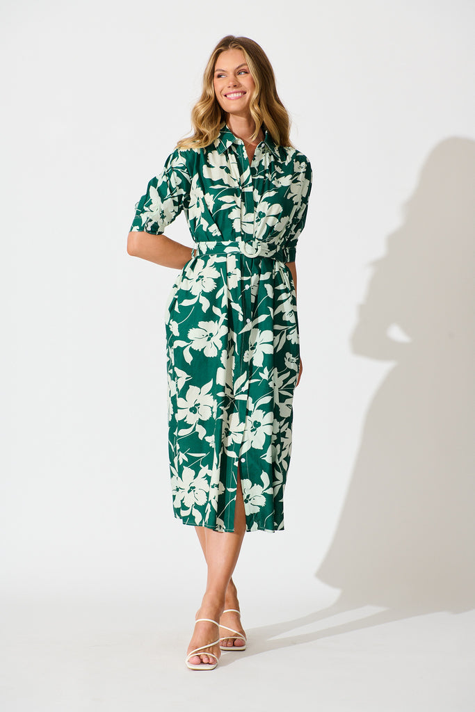 Scottdale Midi Shirt Dress in Emerald Print Cotton full length