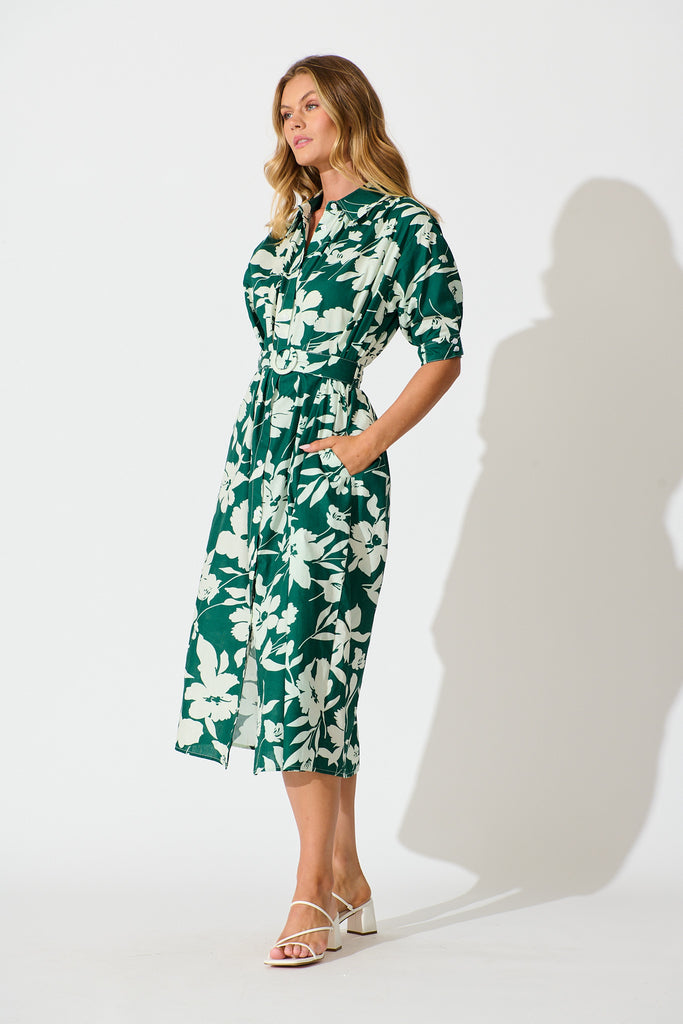 Scottdale Midi Shirt Dress in Emerald Print Cotton side