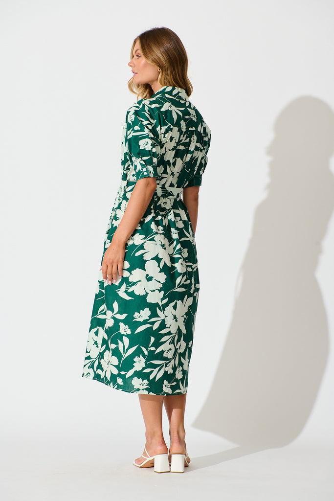 Scottdale Midi Shirt Dress in Emerald Print Cotton back