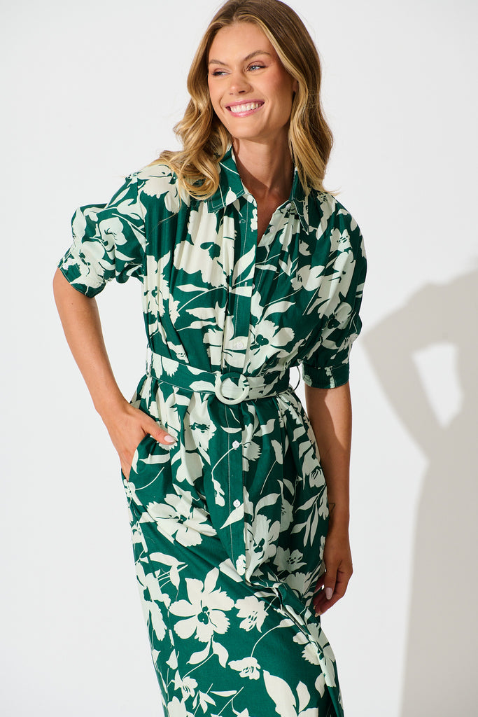 Scottdale Midi Shirt Dress in Emerald Print Cotton front