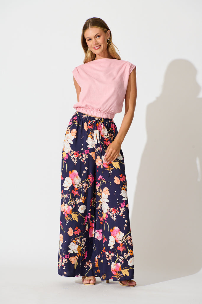 Lucia Pant In Navy with Multi Floral full length