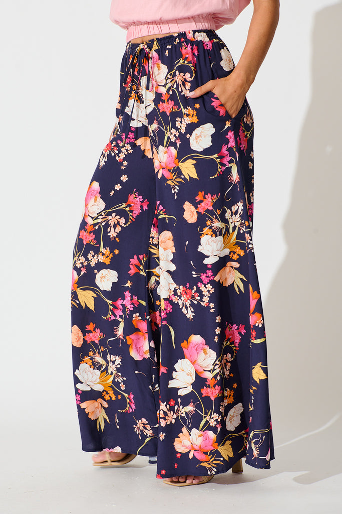 Lucia Pant In Navy with Multi Floral side