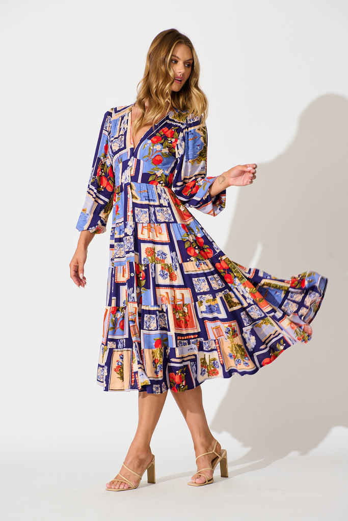 Modical Midi Dress In Blue Multi Postcard Print side