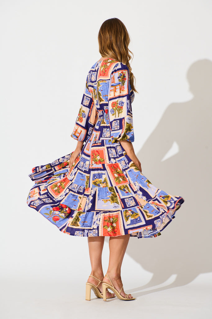 Modical Midi Dress In Blue Multi Postcard Print back