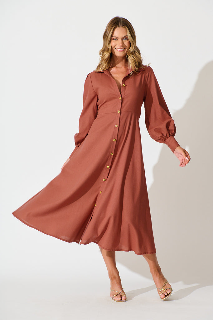 Ciao Bella Maxi Shirt Dress In Rust Linen Blend full length