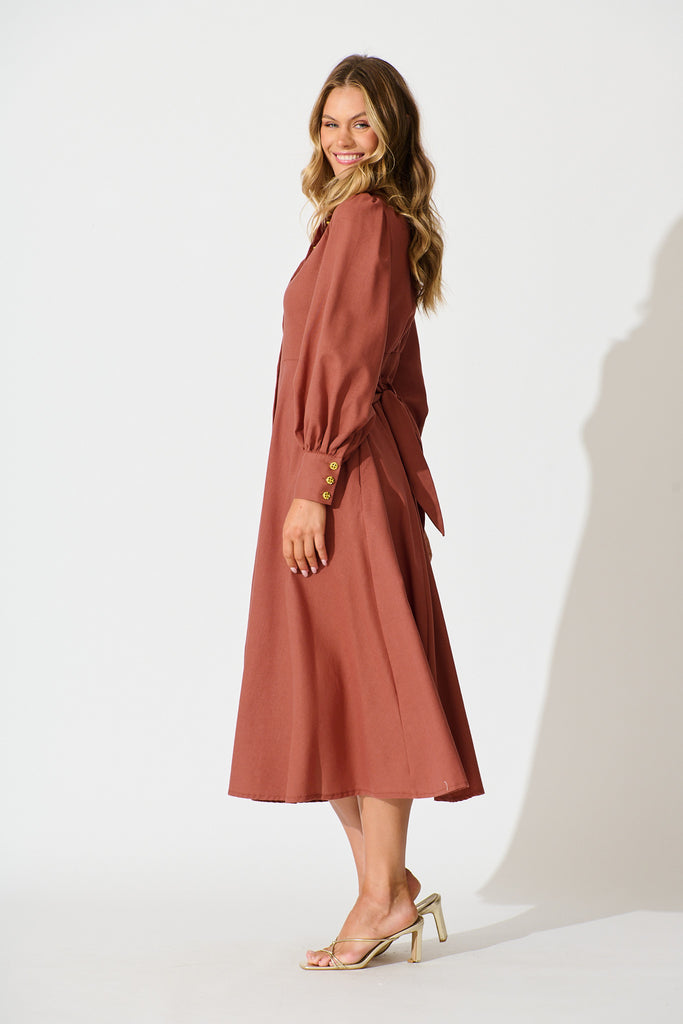 Ciao Bella Maxi Shirt Dress In Rust Linen Blend side