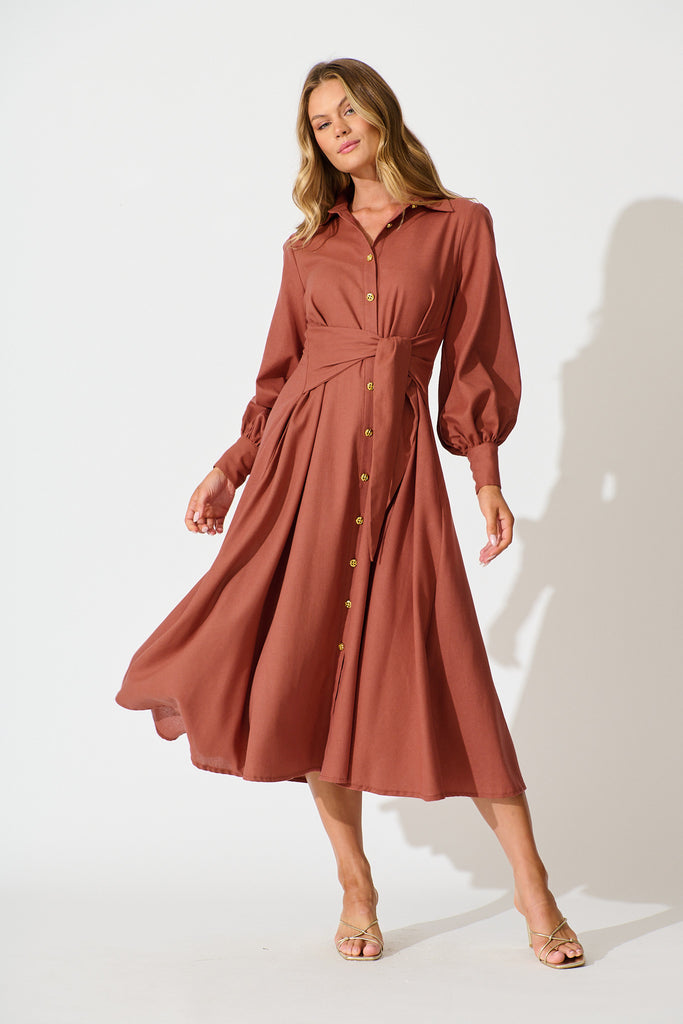 Ciao Bella Maxi Shirt Dress In Rust Linen Blend full length