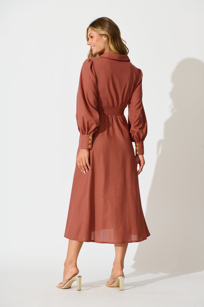 Ciao Bella Maxi Shirt Dress In Rust Linen Blend back