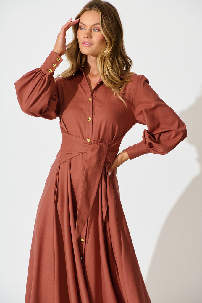 Ciao Bella Maxi Shirt Dress In Rust Linen Blend front