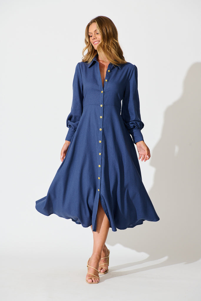 Ciao Bella Maxi Shirt Dress in Navy Linen Blend full length