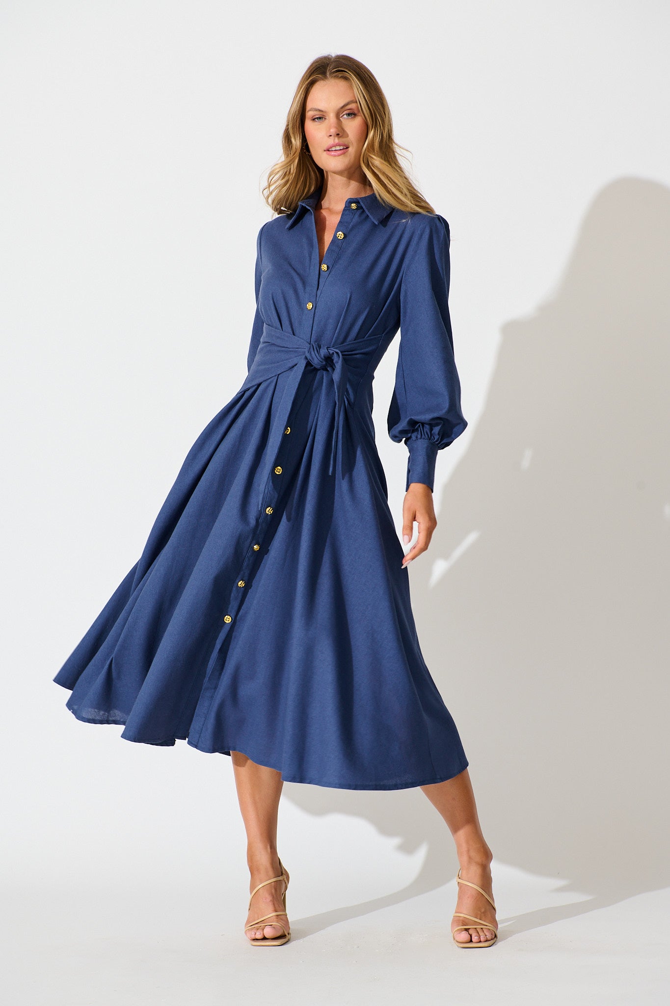 Ciao Bella Maxi Shirt Dress in Navy Linen Blend full length