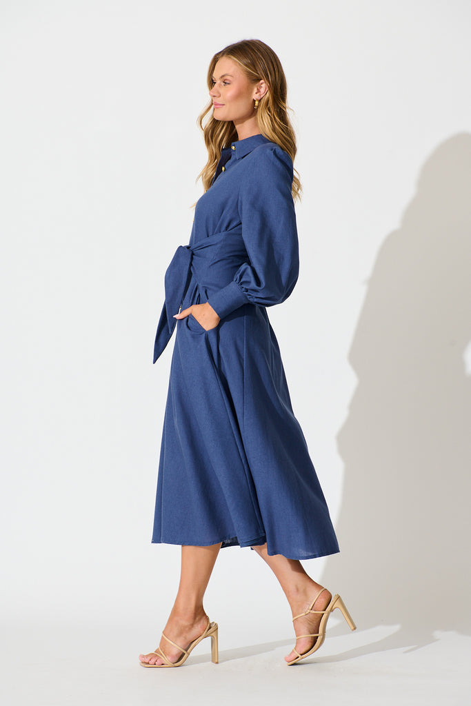 Ciao Bella Maxi Shirt Dress in Navy Linen Blend side