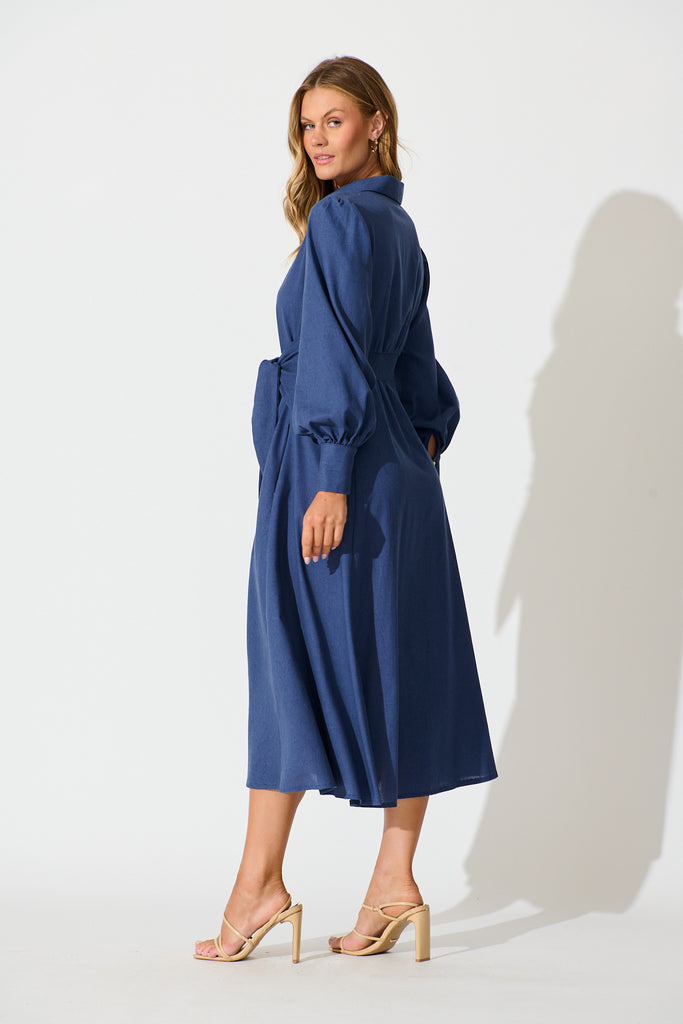 Ciao Bella Maxi Shirt Dress in Navy Linen Blend back