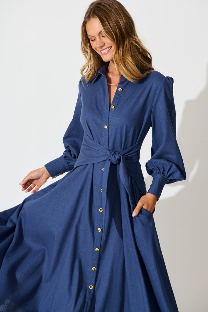 Ciao Bella Maxi Shirt Dress in Navy Linen Blend front