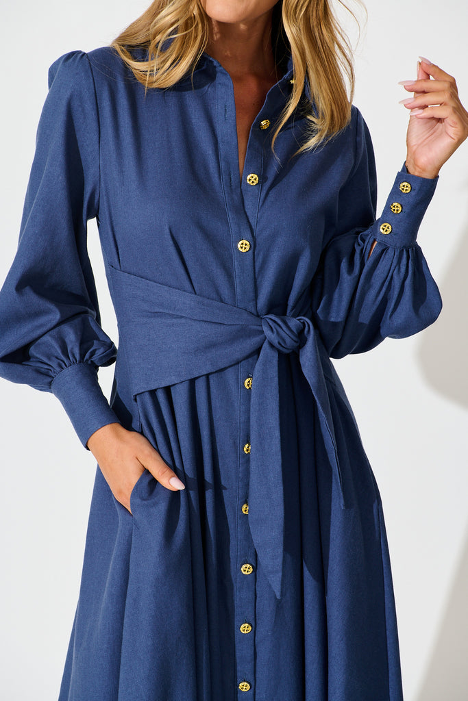 Ciao Bella Maxi Shirt Dress in Navy Linen Blend detail