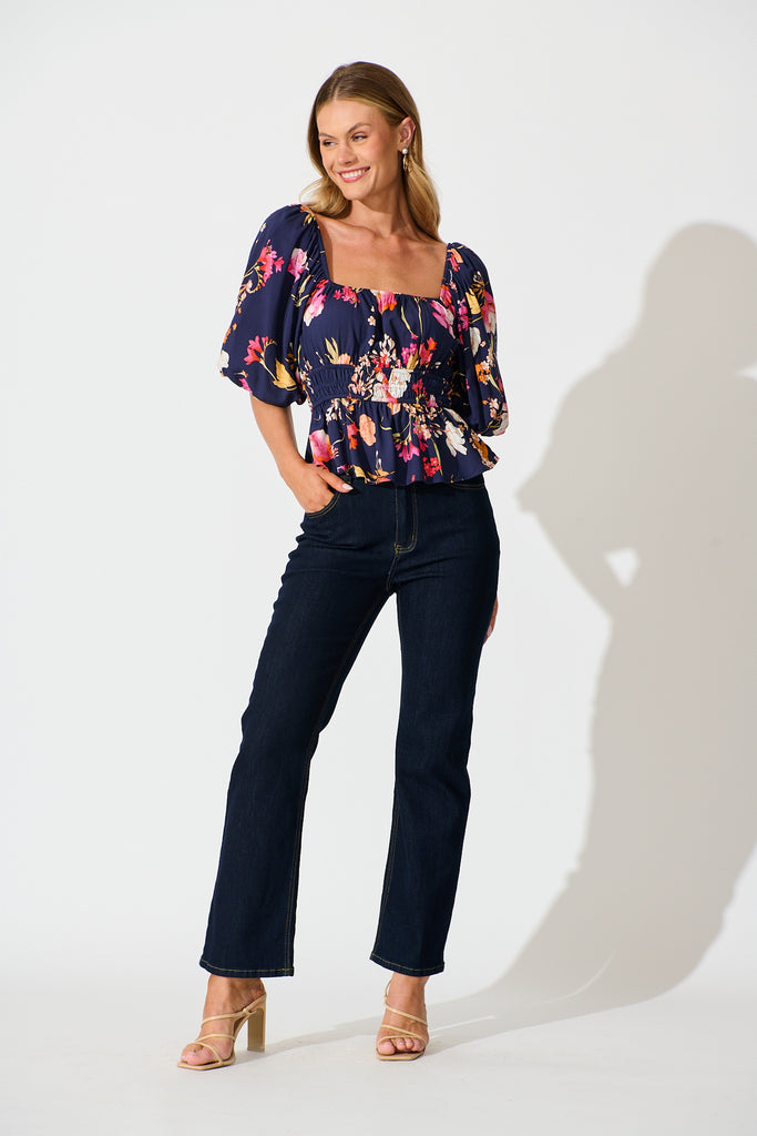 Rosella Top In Navy with Multi Floral full length