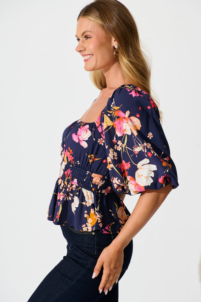 Rosella Top In Navy with Multi Floral side