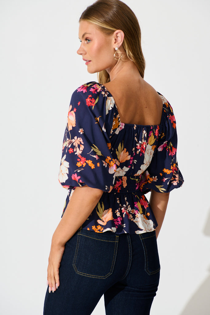 Rosella Top In Navy with Multi Floral back