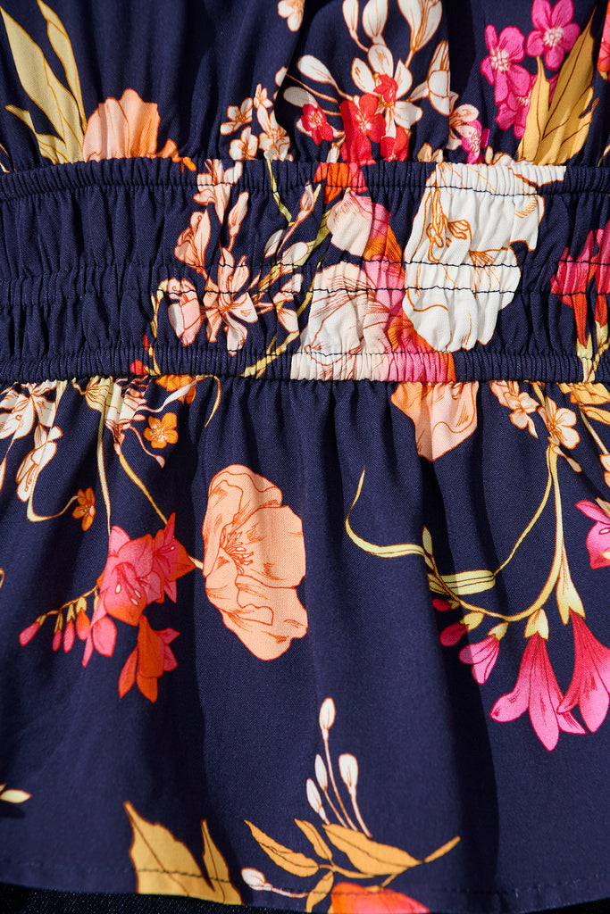 Rosella Top In Navy with Multi Floral fabric