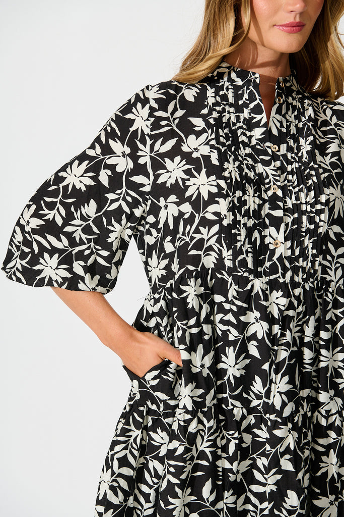 Caracelle Smock Dress Black with Cream Floral detail