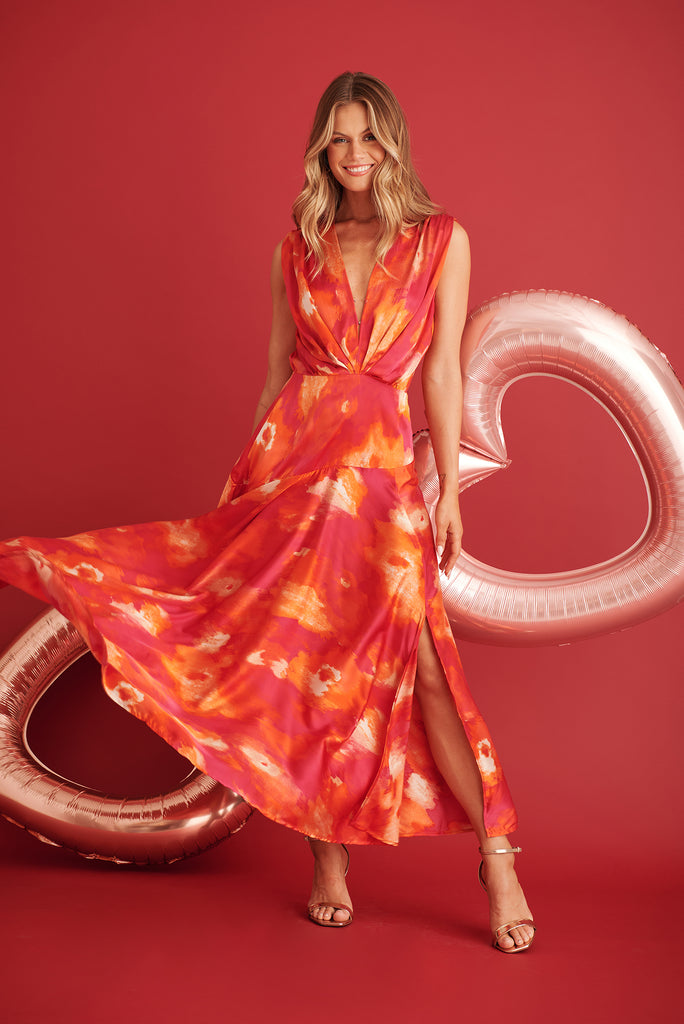 Jenibelle Maxi Dress in Hot Pink With Red Watercolour Satin