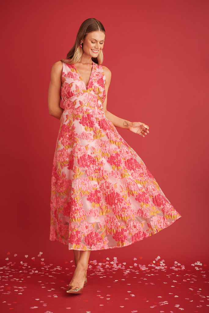 Opuluxe Maxi Dress In Pink Floral Organza Jacquard