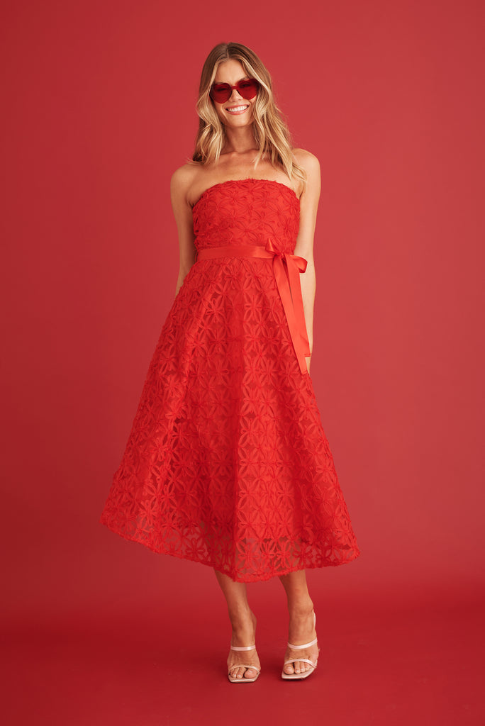 Sia Midi Dress in Red Floral Embroidered Tulle