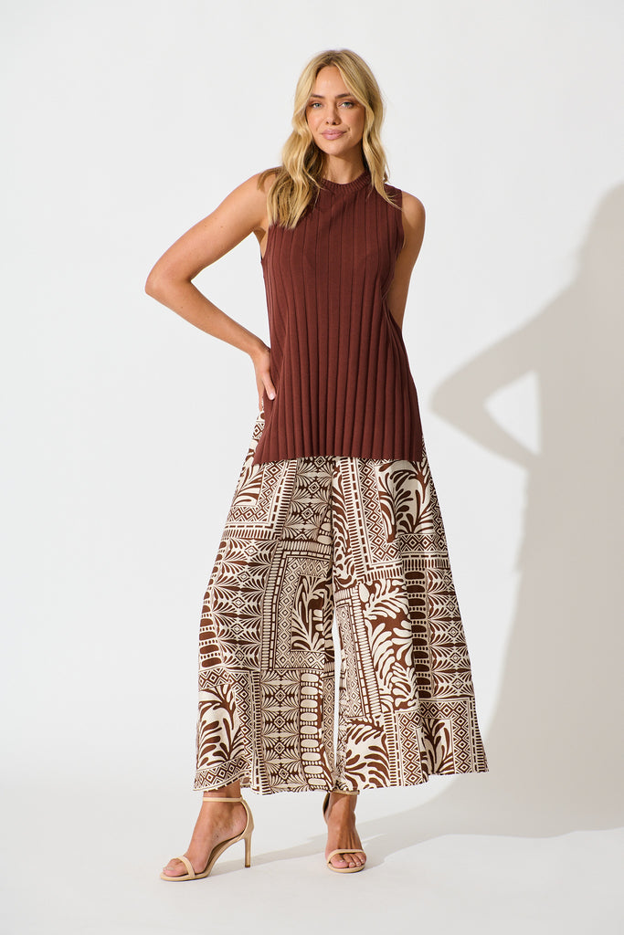 Goldie Wide Leg Pant in Chocolate and Cream Tile Print full length