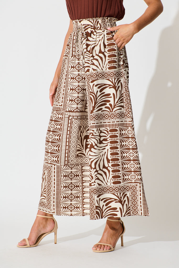 Goldie Wide Leg Pant in Chocolate and Cream Tile Print side