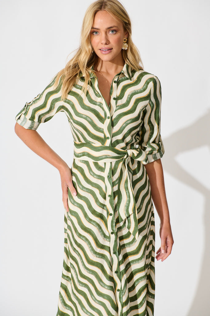 Tia Maxi Shirt Dress in Khaki Swirl Print front