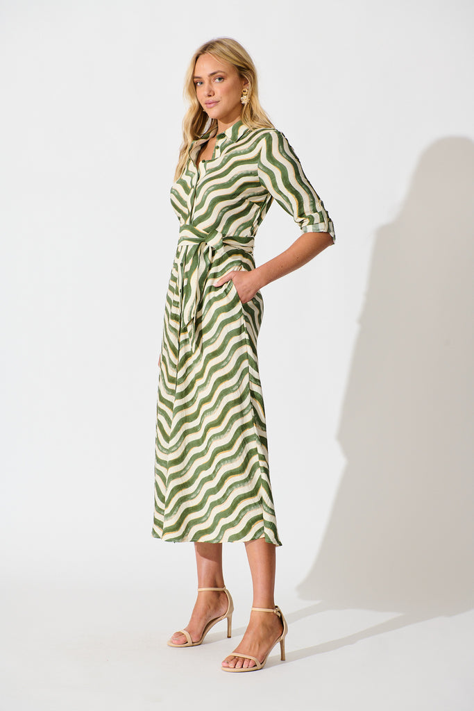 Tia Maxi Shirt Dress in Khaki Swirl Print side