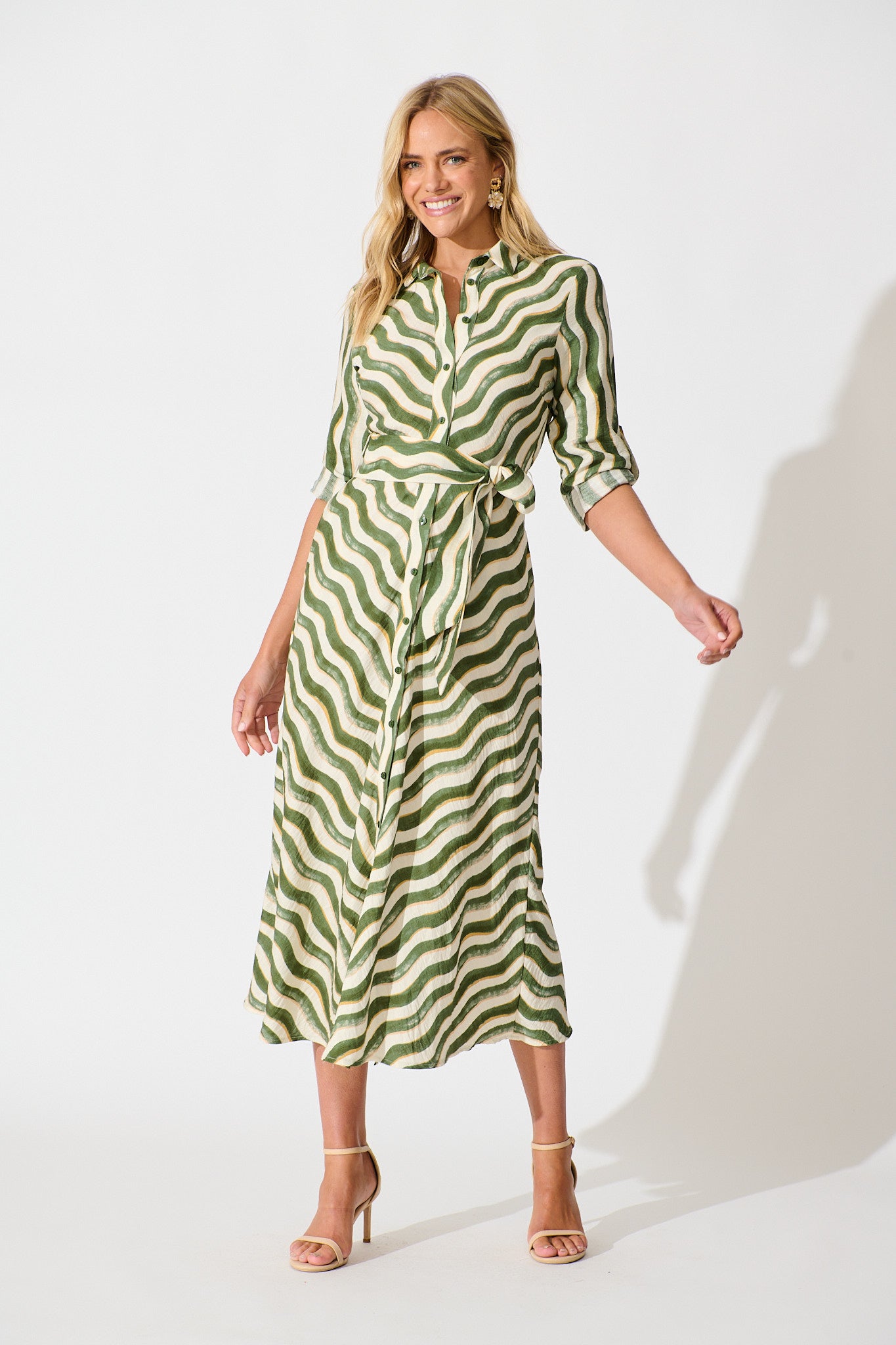 Tia Maxi Shirt Dress in Khaki Swirl Print full length