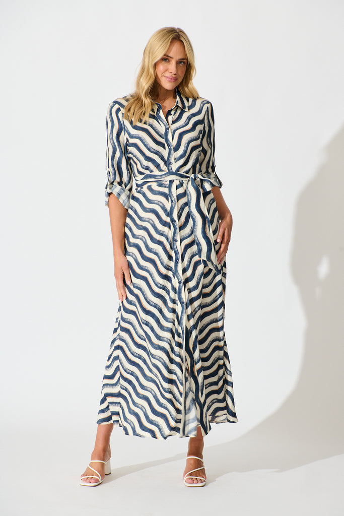 Tia Maxi Shirt Dress in Navy Swirl Print full length