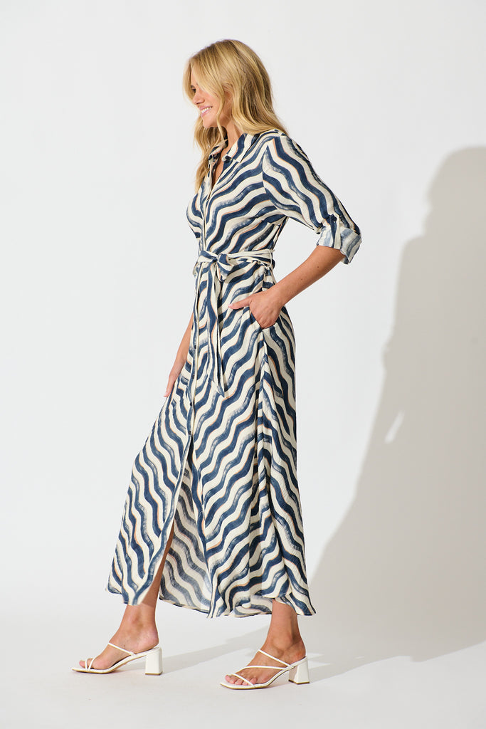 Tia Maxi Shirt Dress in Navy Swirl Print side