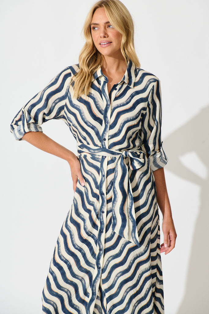 Tia Maxi Shirt Dress in Navy Swirl Print front