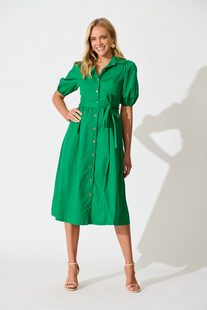 Adrienne Midi Shirt Dress in Green Cotton full length