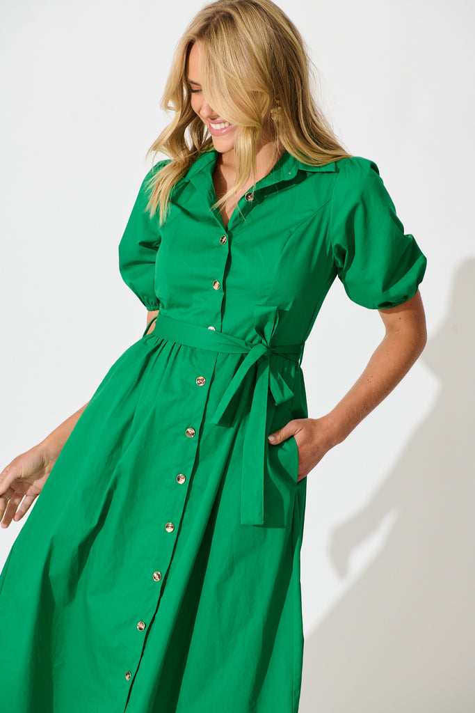 Adrienne Midi Shirt Dress in Green Cotton front