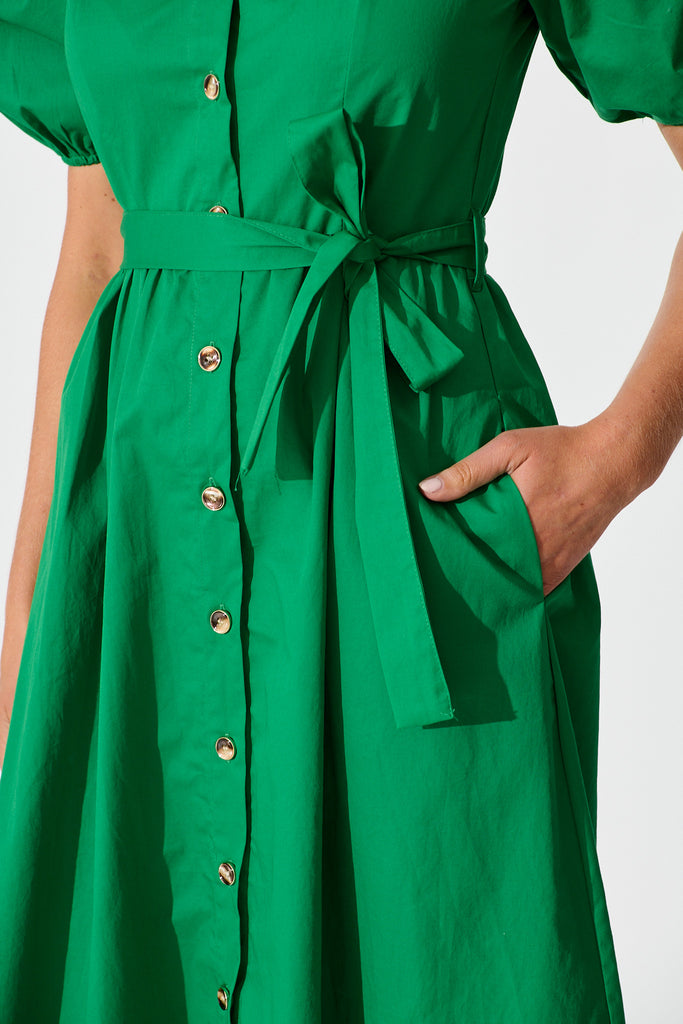 Adrienne Midi Shirt Dress in Green Cotton detail